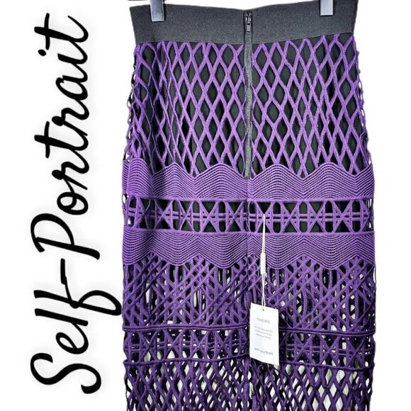 NWT Self-Portrait Cutwork Lace Pencil Skirt in Deep Purple & Black, Size 0 - Picture 8 of 12